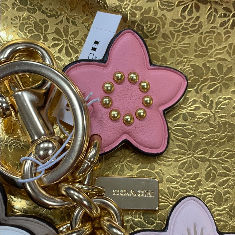 COACH WILDFLOWER CLUSTER BAG CHARM BRASS & PINK - Picture 8 of 16